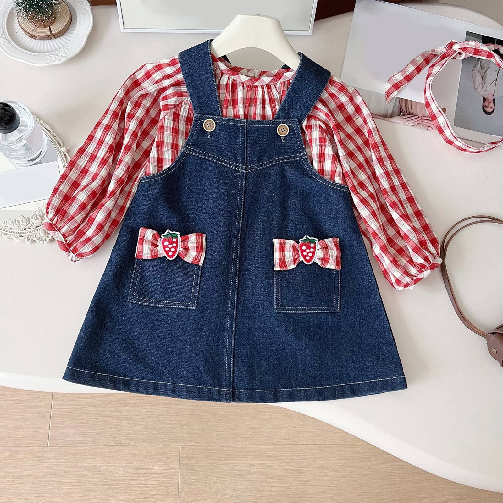 JCCXIN Girls Outfit Sets Toddler Denim Dress Shirt 2 Piece Outfit Sets Casual Spring Fall Baby Girl Clothes Sets Soft Jeans Overalls Tops Combo Fashionable Dailywear