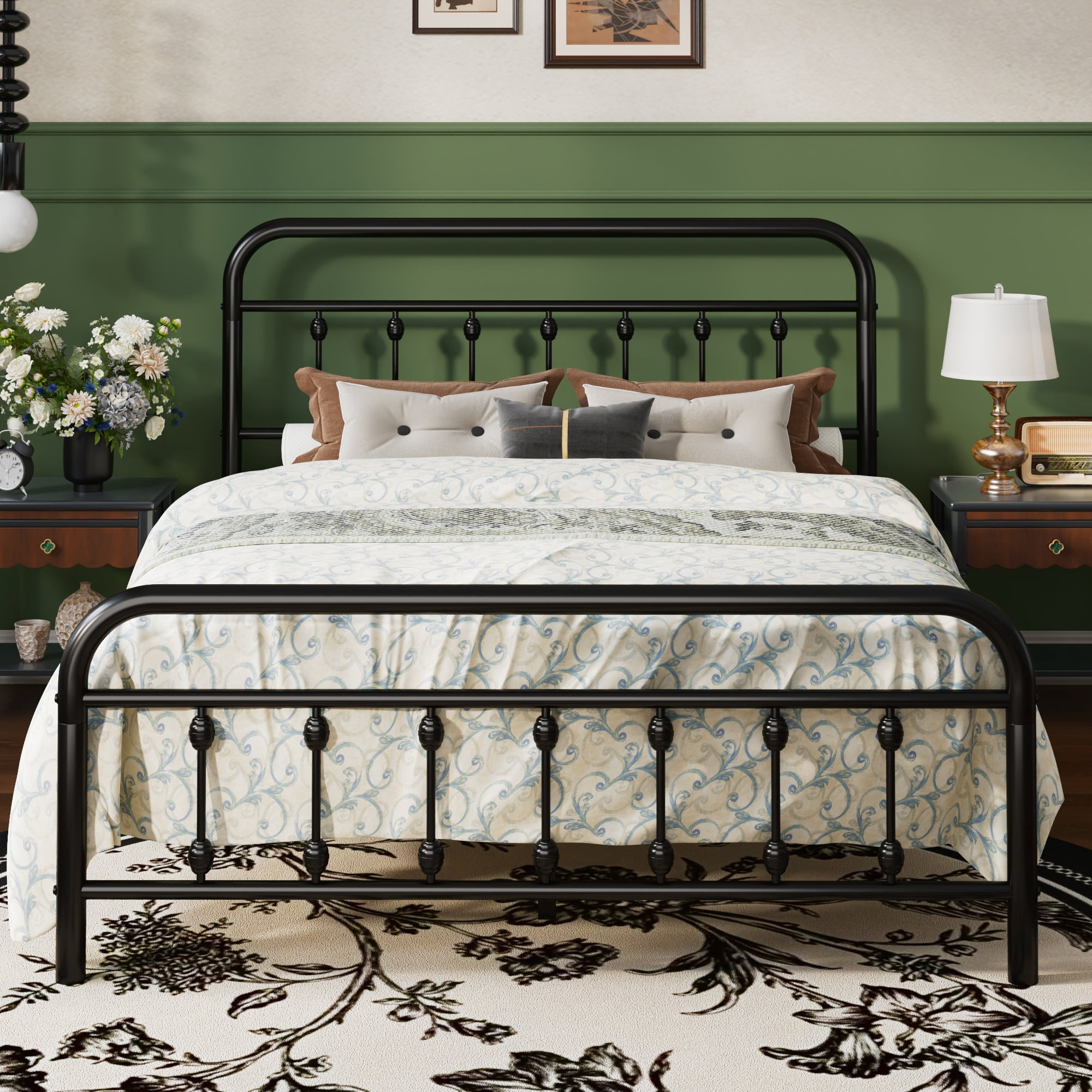 SHA CERLIN Queen Size Metal Platform Bed Frame with Victorian Style Iron-Art Headboard and Footboard, Easy Assembly, Under Bed Storage, No Box Spring Required, Black