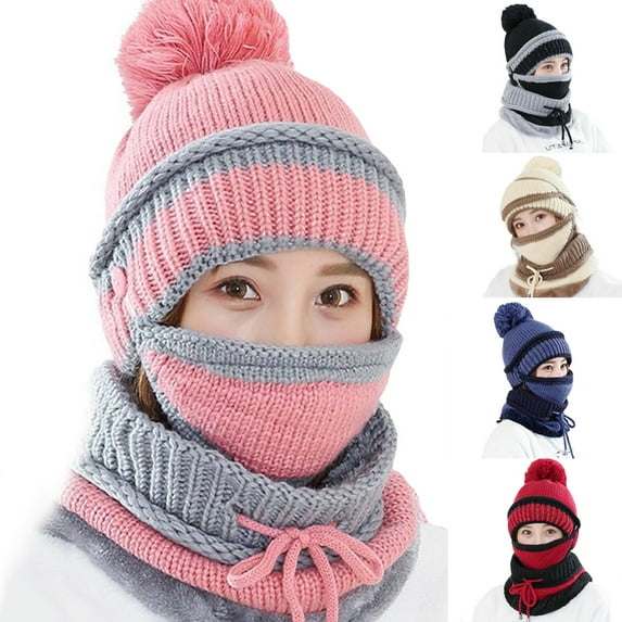 Dengjunhu 3pcs/Set Fashion Women Winter Knitted Hat Thickened Woolen Cap with Warm Mask and Neck Scarf