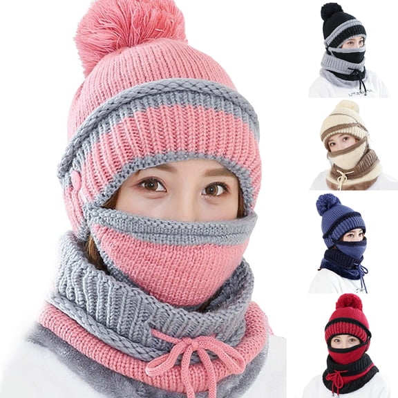 Dengjunhu 3pcs/Set Fashion Women Winter Knitted Hat Thickened Woolen Cap with Warm Mask and Neck Scarf