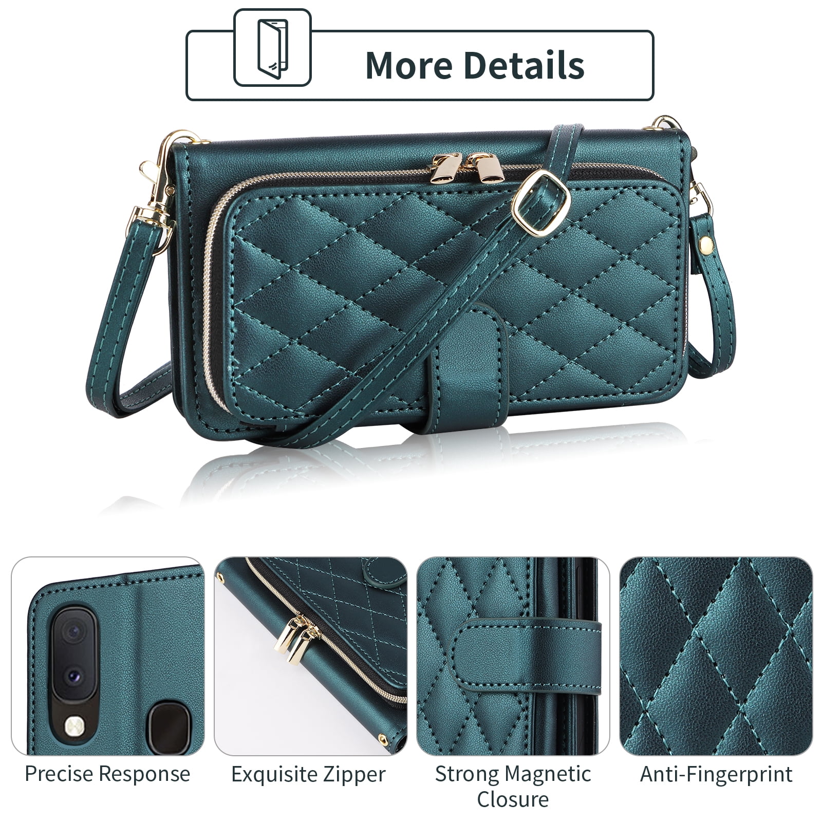 Furiet Argyle Wallet Case for Samsung Galaxy A20 A30 with Wrist/Shoulder Strap, Card Slot Zipper Purse Luxury PU Leather Card Holder Stand Checkered Phone Cover for M10s A 30 20A SM A205G Green