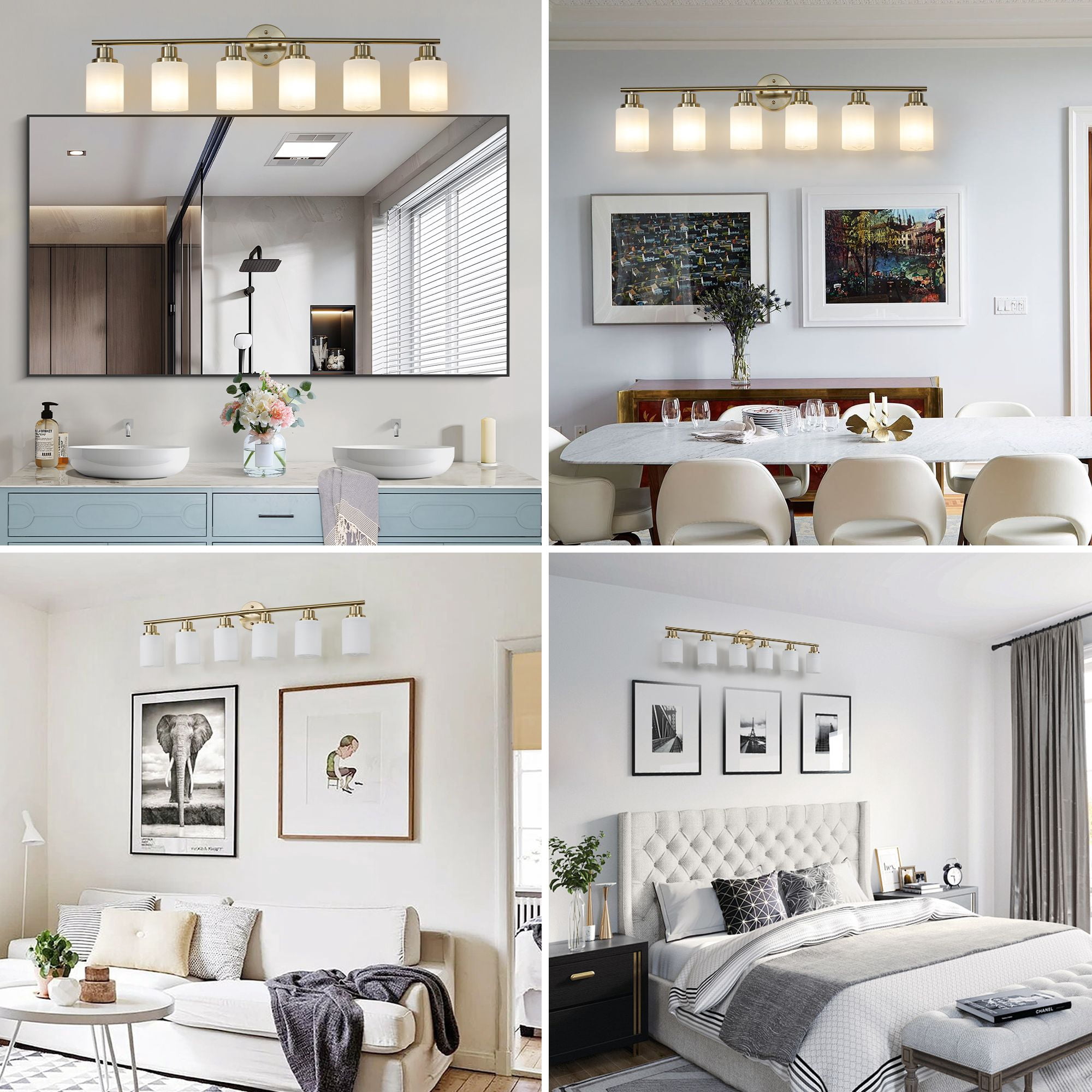 39 Inch Modern 6-Light Vanity Wall Sconce, Gold Finish Bathroom Light Fixture with Frosted Glass Shades, Hardwired Mirror Lighting for Bathroom Vanity or Hallway, Bulbs Not Included