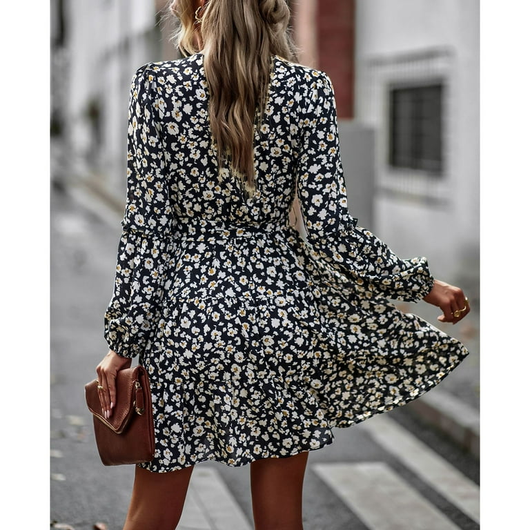 Women Printed Dress V Neck Long Sleeve A Line Mid Rise Tie