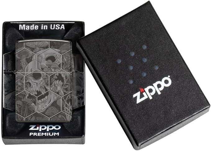 Zippo - Customized Message on Mushroom Skulls High Polish Black Pocket 46425