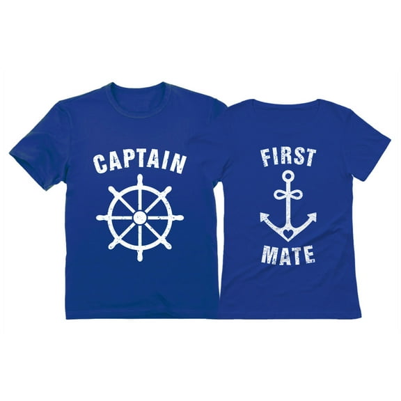 Funny Captain & First Mate Nautical Sailing Matching T-Shirts Set Couples Gift Captain Navy Large / First Mate Blue XX-Large