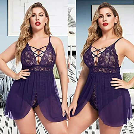 Miluxas Plus Size Sleepwear Clearance Women Lingerie Lace Chemise Nightgown Satin Babydoll Nightwear Silk Slip Dress Purple XXXXL(XXXXL)