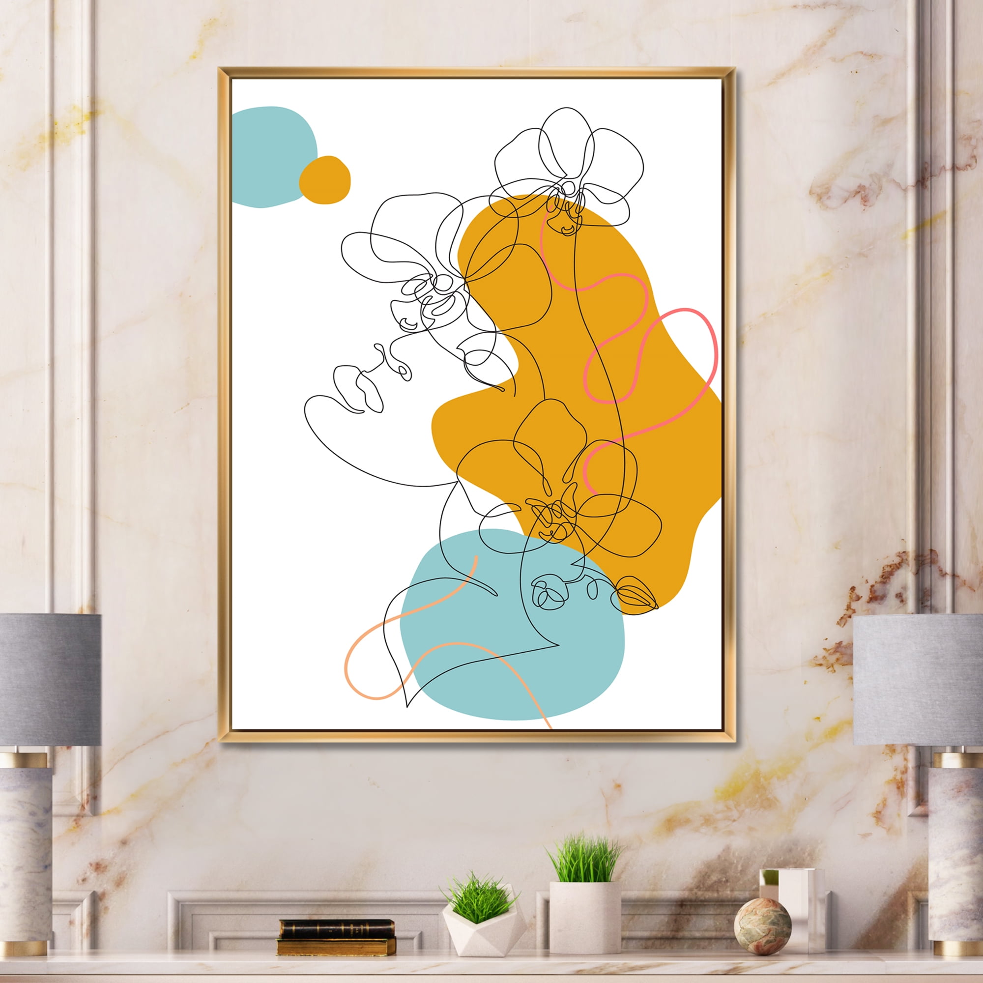 Designart 'Beautiful Woman Portrait With One Line Drawing' Modern Framed Canvas Wall Art Print