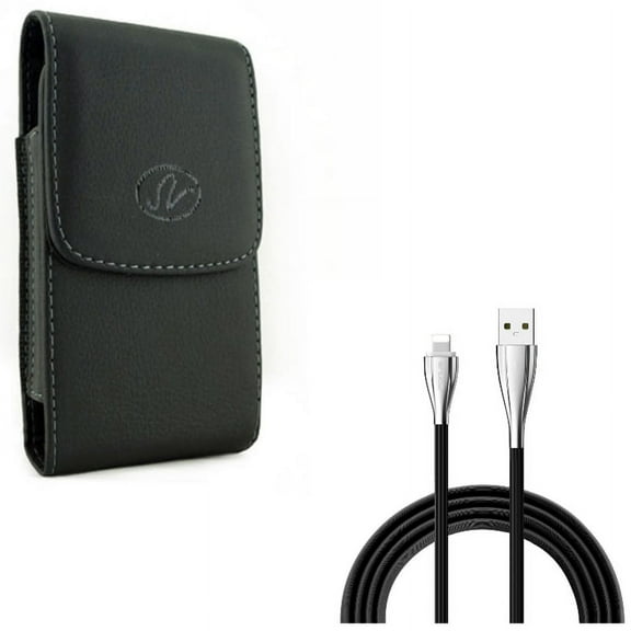 Charger Cord 6ft USB Cable w Leather Case Belt Clip for #model_series - Power Wire Long Sync Fast Charge and Holster Cover Pouch Vertical Carry