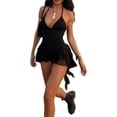 thumbnail image 2 of Women'S Spaghetti Strap Bodysuit Lace-Up V-Neck Halter Top Ruffle Shorts Jumpsuit Club Party Bodysuit Black S, 2 of 9