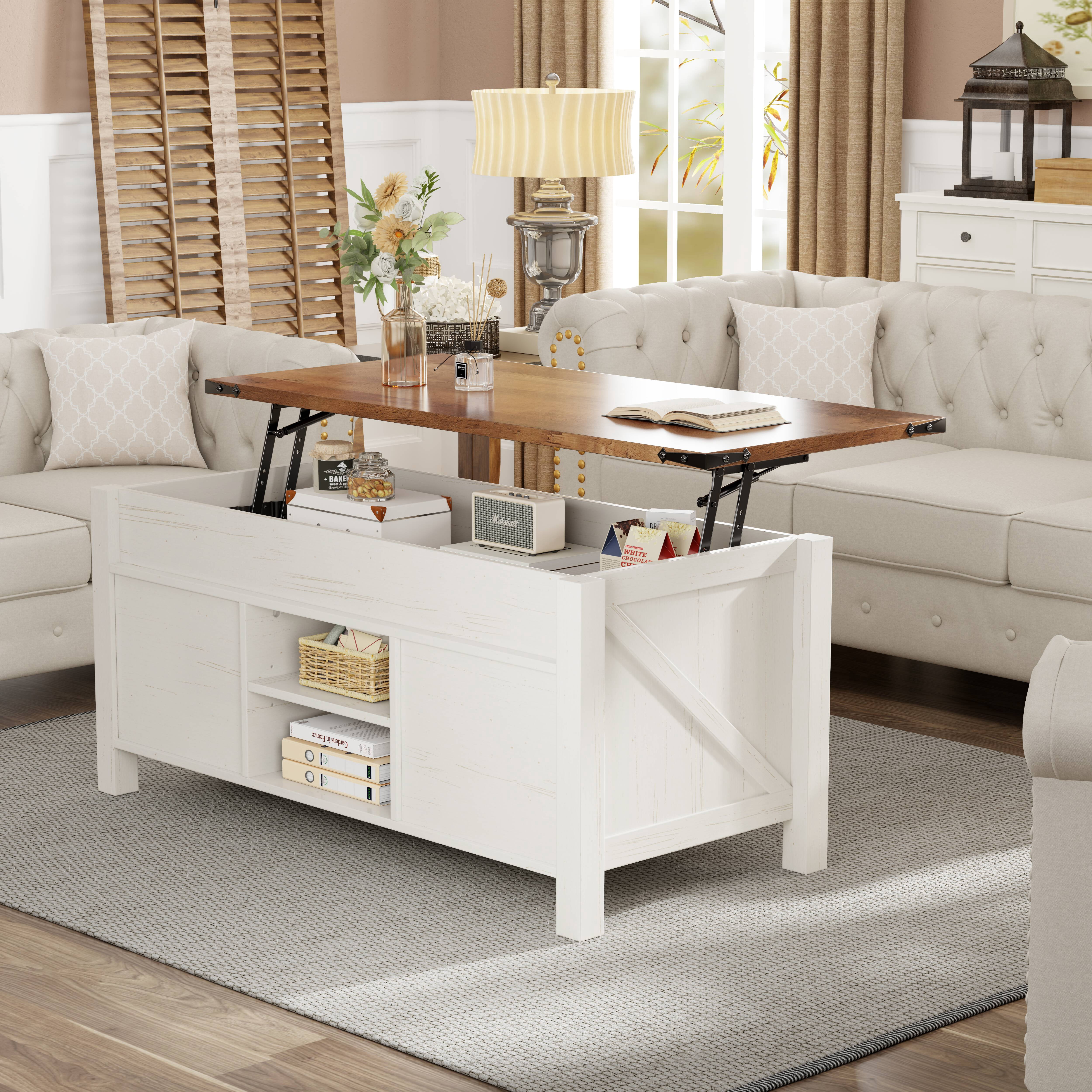 OKD 48" Farmhouse Lift Top Coffee Table with Sliding Barn Door, Rustic Center Table with Hidden Storage Compartment for Living Room, Office, Antique White