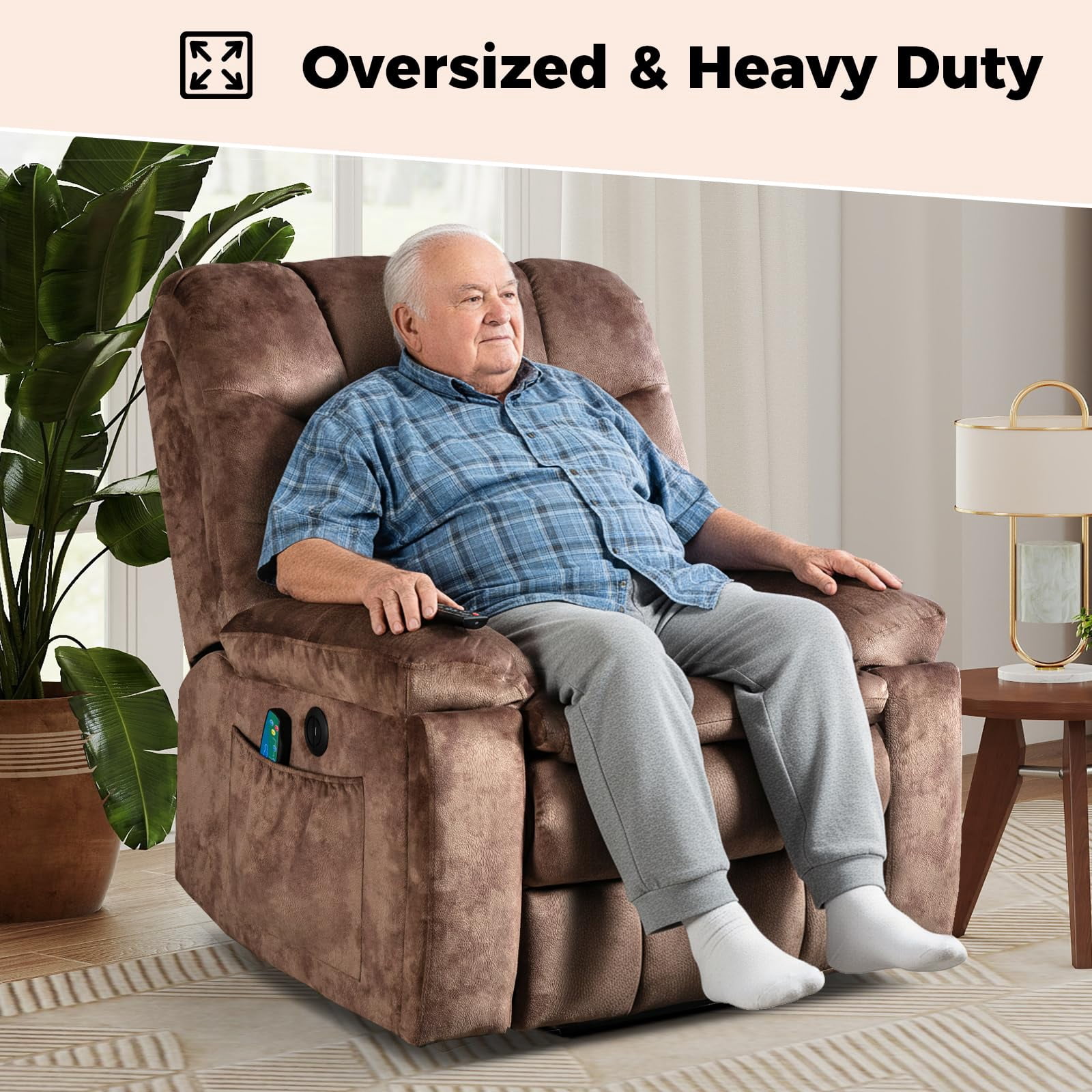 Ebello 40.5" Wide Extra Large Microfiber Electric Heated Massage Lift Recliner Living Room Chair with 2 Cup Holders, Brown
