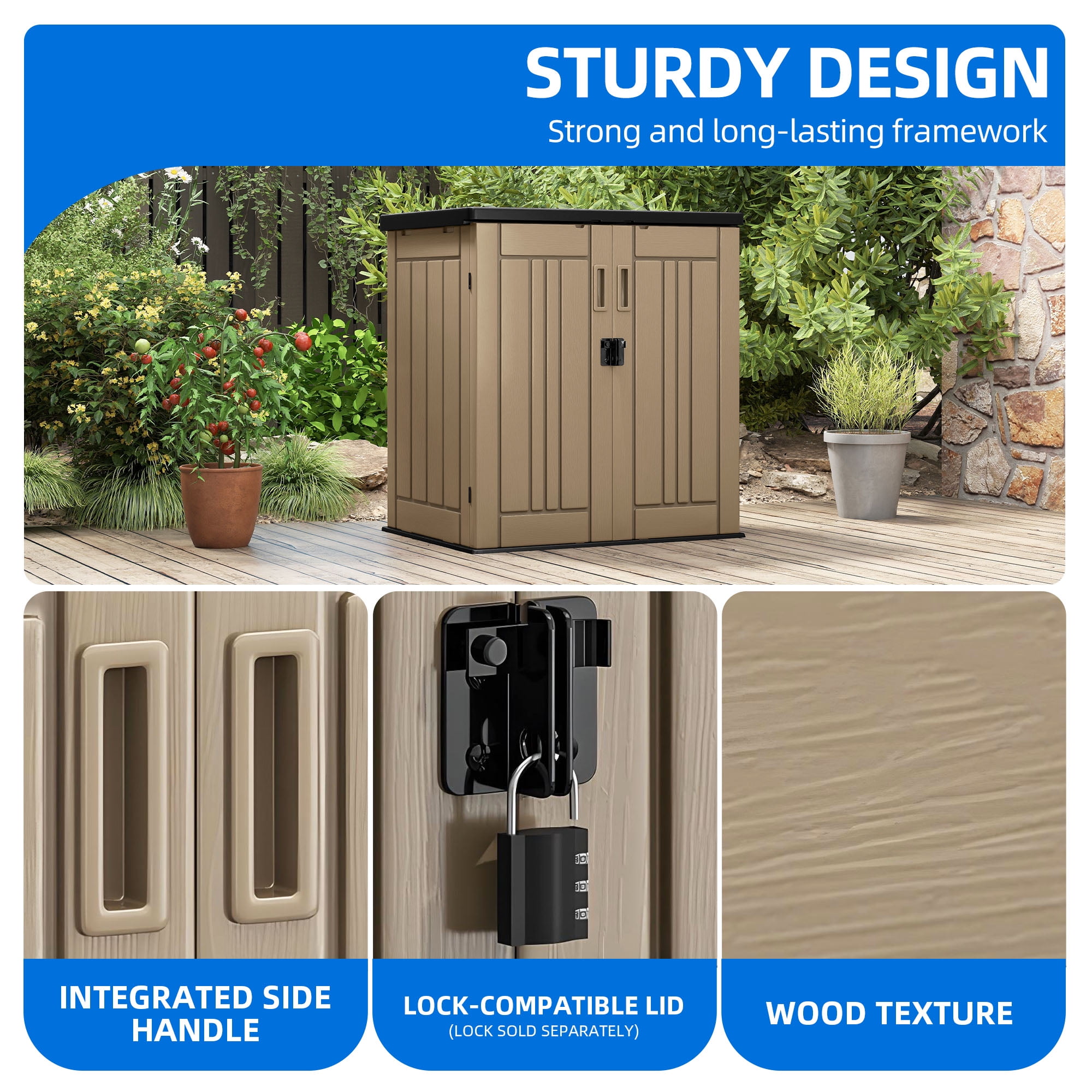 Dextrus Weatherproof Outdoor Storage Shed with 2 Shelves & Lockable Lid for Patio & Garden, Brown