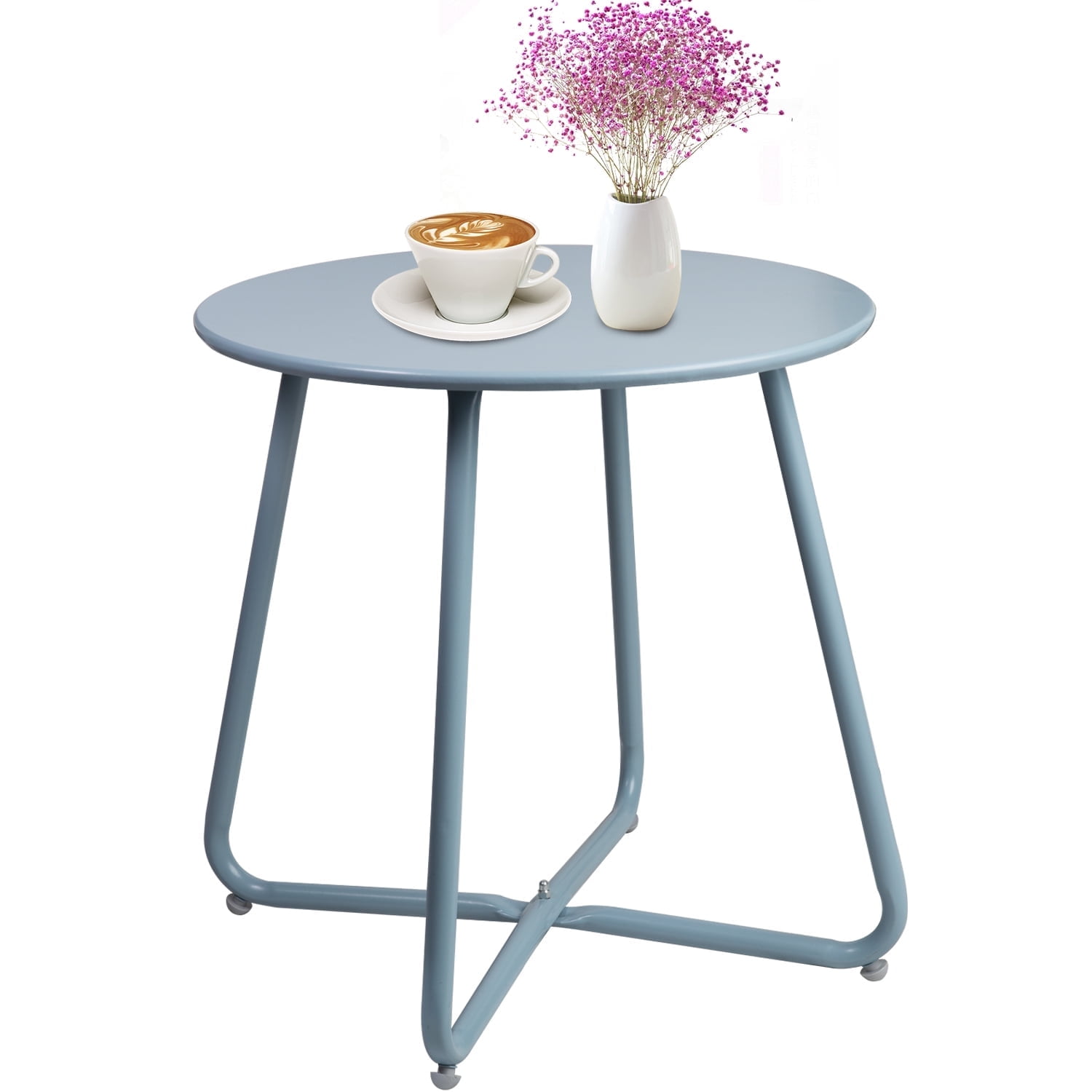 CERBIOR Metal Tray End Table, Round Accent Coffee Side Table, Anti-Rust and Waterproof Outdoor Small Side Table, Indoor Modern Sofa Side Table Bedside Table for Living Room Bedroom Balcony (Blue)