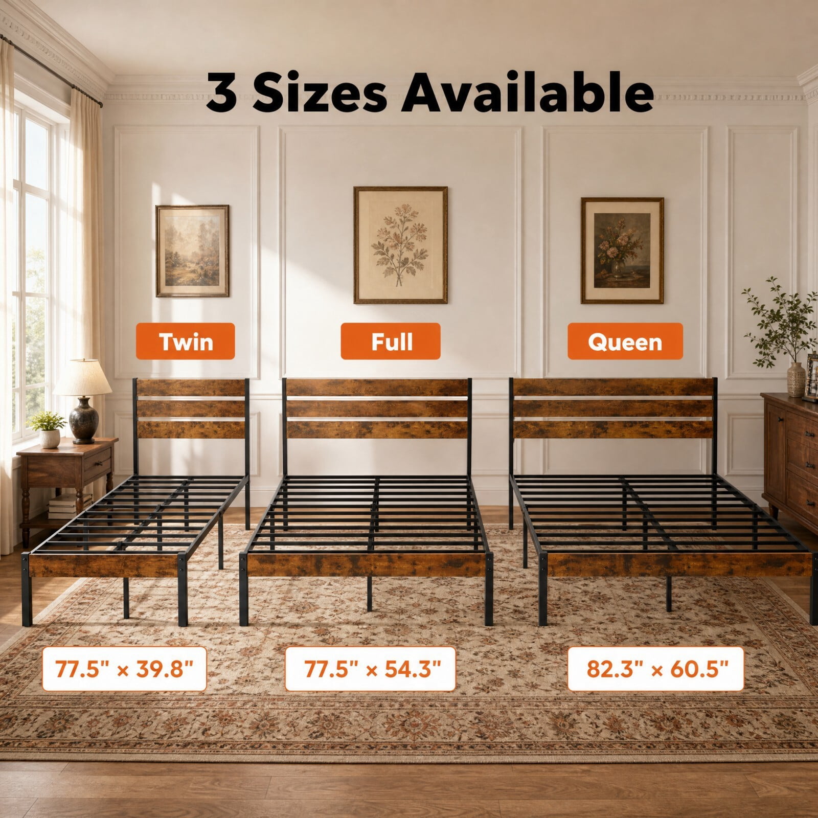 Kelno Industrial Twin Size Bed Frame 500LBS Heavy Duty with Wooden Headboard 14 Inch Metal Platform Bed No Box Spring Needed, Rustic Brown
