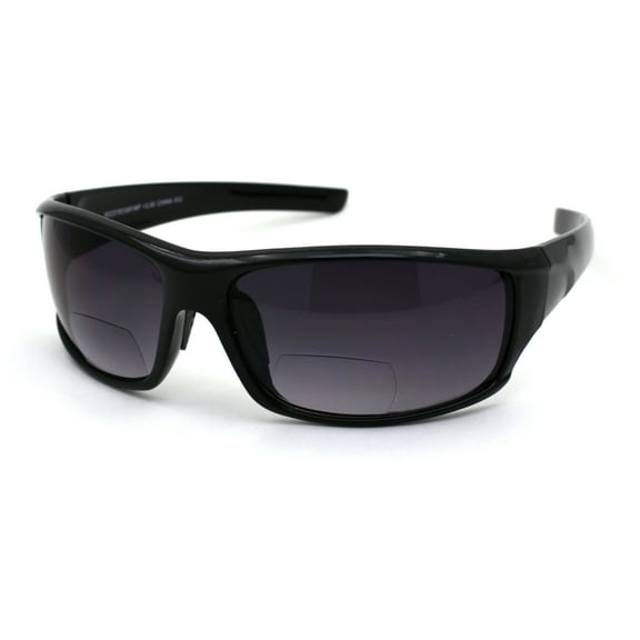 Mens Rectangular Warp Plastic Sport Bi-focal Reading Lens Sunglasses Shiny Black 2.5