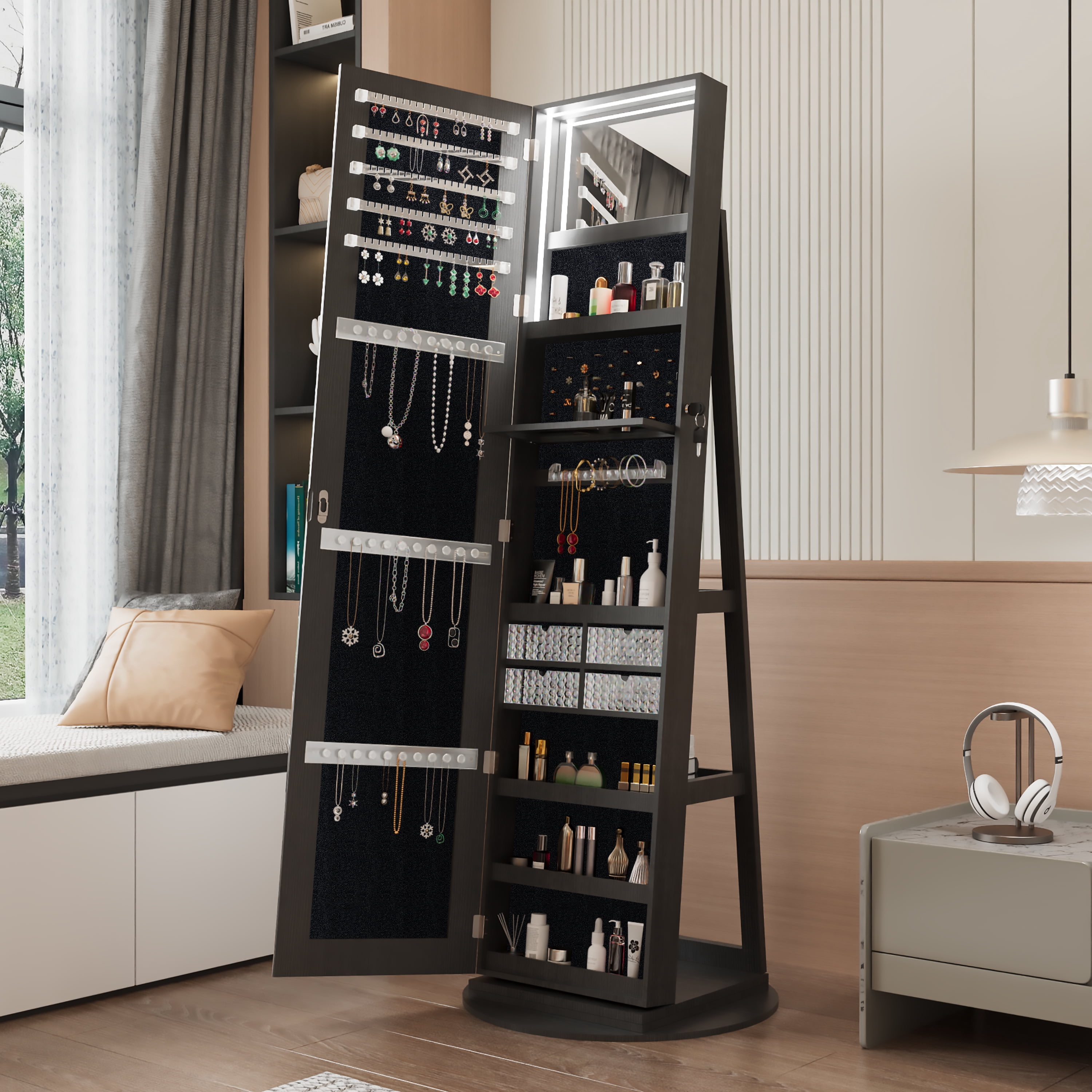 Jewelry Cabinet, Rotating Jewelry Armoire, Full Length Mirror with 360° Swivel Base, Lockable Storage, 30 Necklace Hooks, Ring Slots, Acrylic Shelf, Black for Bedroom Closet Dressing Room