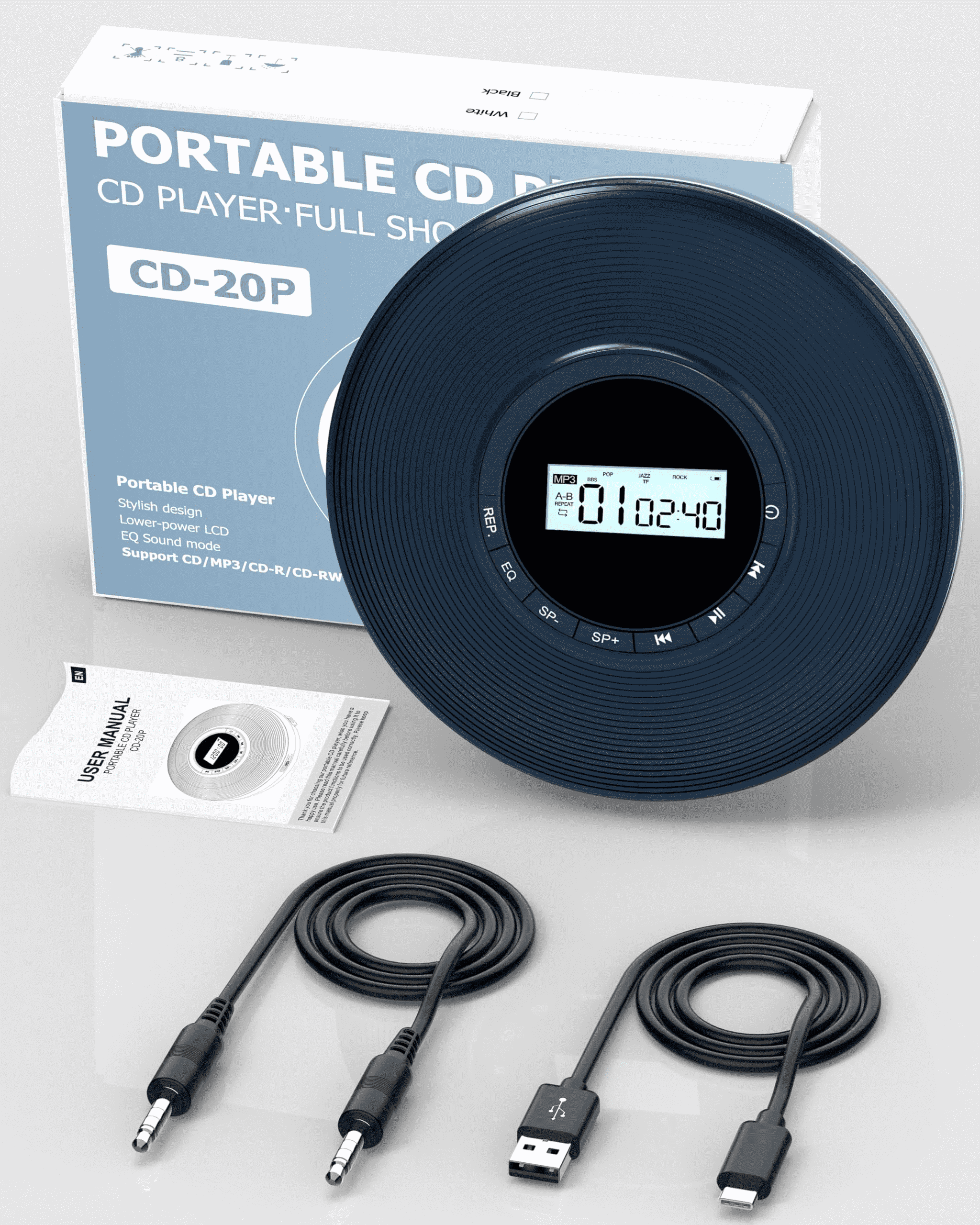 Greadio Portable CD Player, 1000mAh Disman CD Player for Car, Battery Powered Personal CD Music Player with Headphones Jack, Aux-Out Cable/TF Slot, LCD Display, Anti Skip for Home