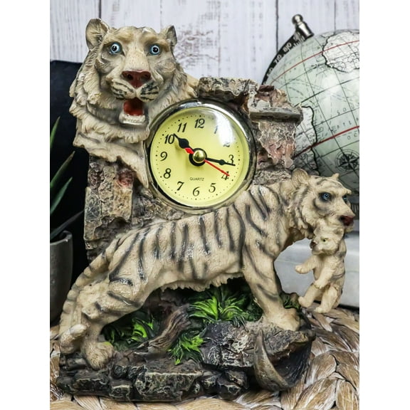 Jungle Rainforest Apex Predator White Tiger And Cub Family Table Clock Figurine
