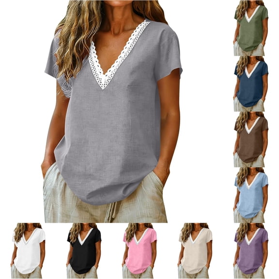 CAIVO Women Shirts Casual Solid Color Short Sleeve Blouse Lace Everyday Wear Tops V-Neck Solid Color Relaxed Fit Shirts