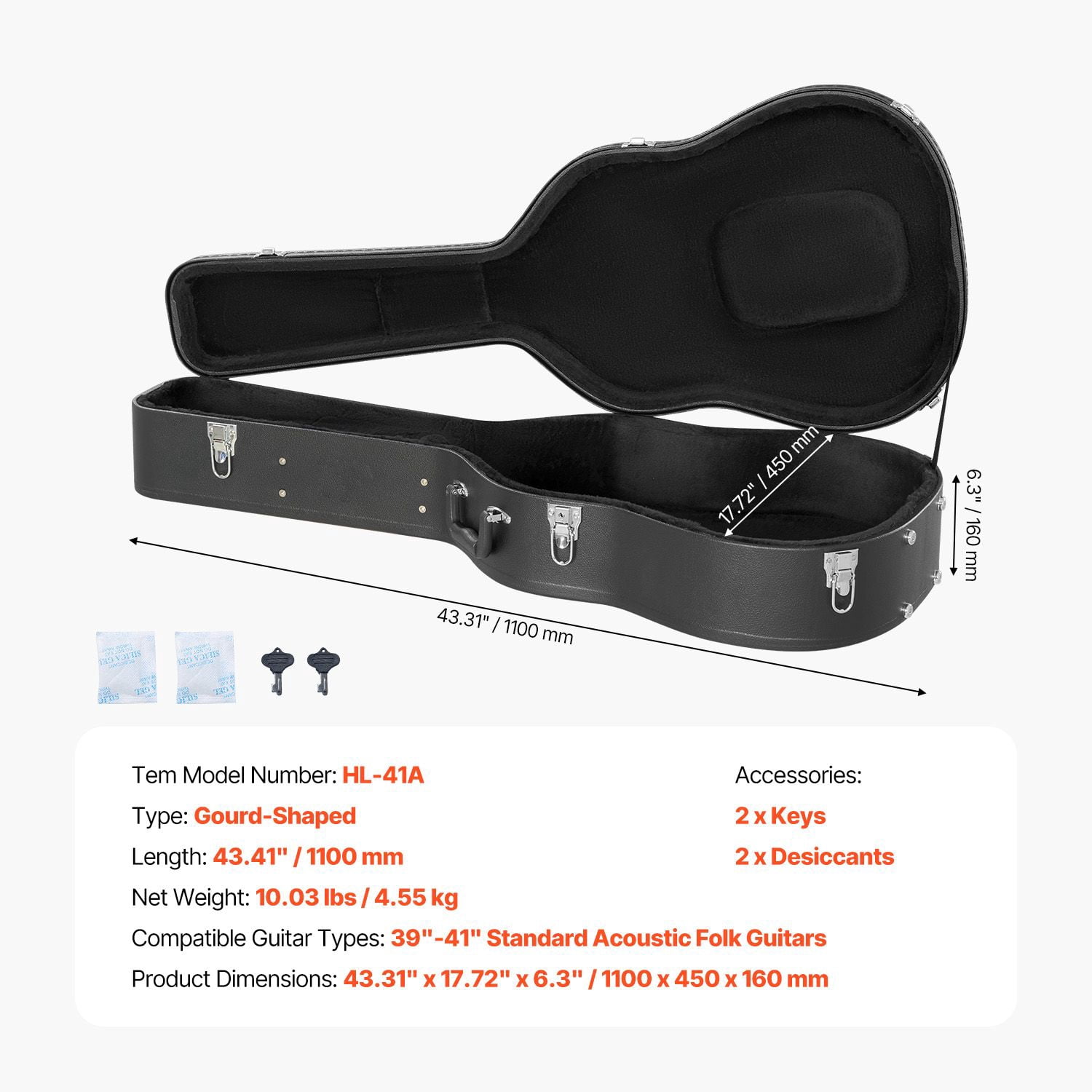 Acoustic Guitar Hard Case, 43.31 in Gourd-Shaped Guitar Hard Case, With Lock Latch Key Handle, PVC Padding Soft Lining Water-Resistant Hard Shell Guitar Case, for 39-41 in Acoustic Guitar, Black