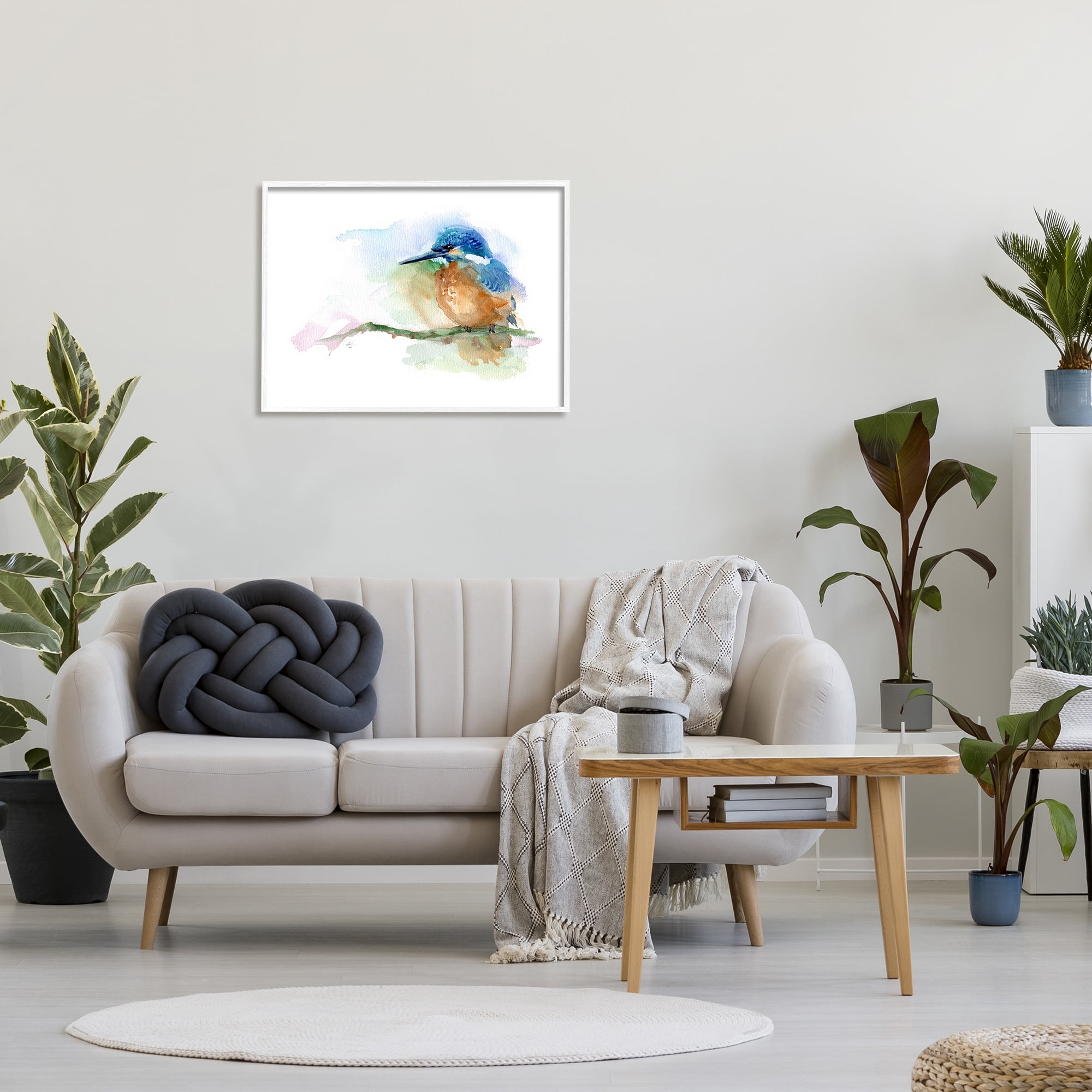 Stupell Industries Kingfisher Perched Bird on Cottage Tree Branch Animals & Insects Painting White Framed Art Print Wall Art, 24 x 30