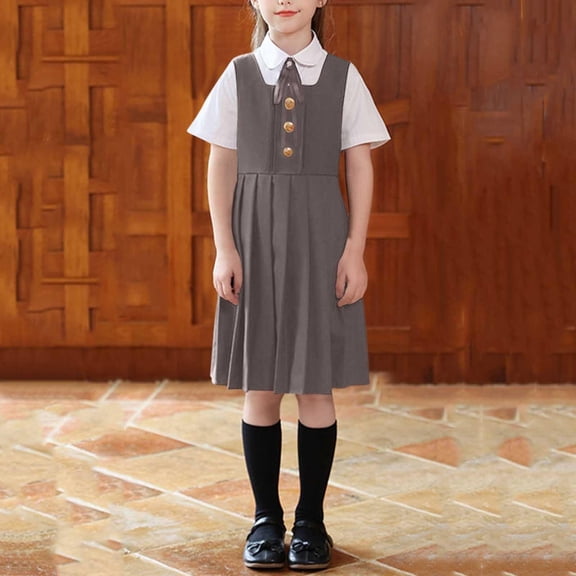 WQNVRNR Kids Girls School Uniform- Short Sleeved Top with Tie 3-Piece Set Suit Button Down Sleeveless Dress Summer Back to School Outfits Gray Size 14
