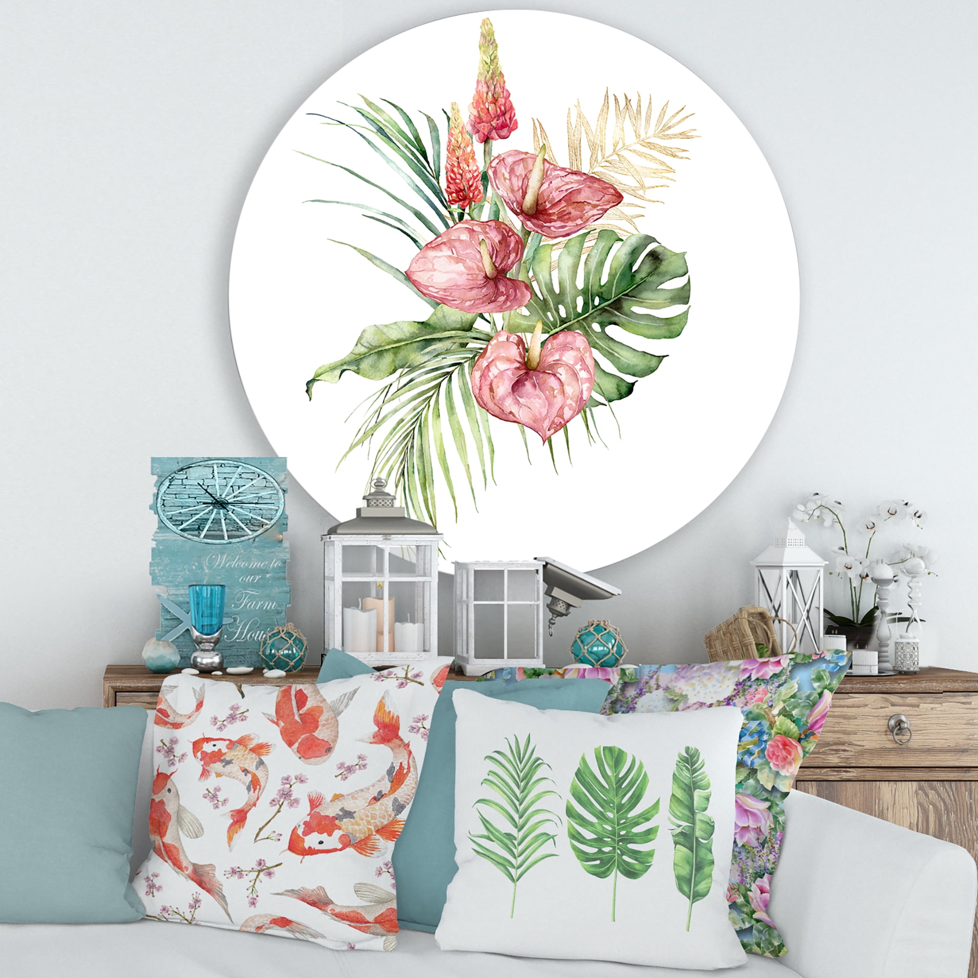 Designart 'Tropical Bouquet With Anthurium Lupine and Leaves On White I' Traditional Circle Metal Wall Art 29x29 - Disc of 29
