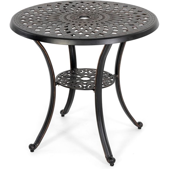 NUU GARDEN 31 Inch Patio Dining Table, Cast Aluminum Patio Table with Umbrella Hole, Round Outdoor Bistro Table for Backyard, Garden, Patio, Porch, Black with Antique Bronze Edging
