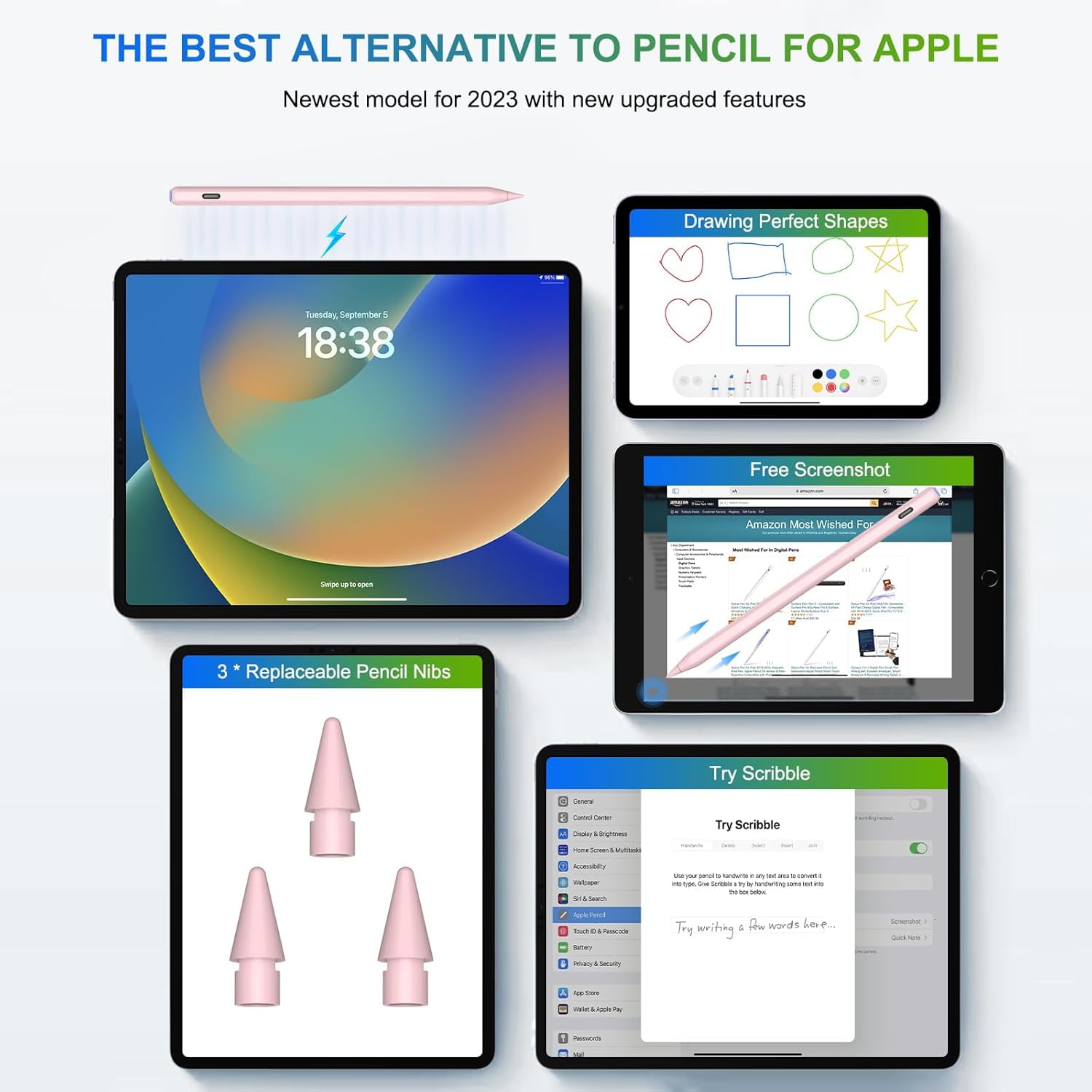 Pencil 2nd Generation for iPad: Magnetic Wireless Charging (Air 4/5, Mini 6, Pro 11/12.9)   USB-C Fast Charge - Palm Rejection Stylus for iPad 6-11, Pro 11/12.9 M4 M5, Air 3-5/M2/M3, Mini 5/6
