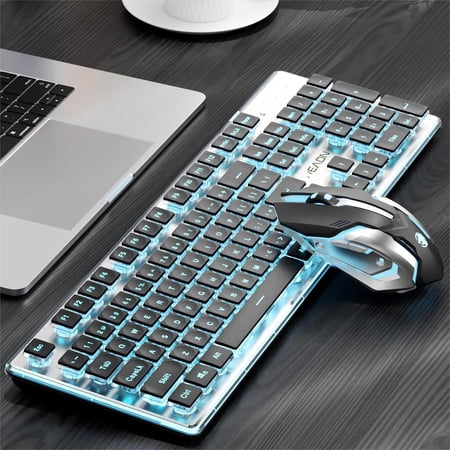 Wireless Keyboard and Mouse with Single Backlit Metal Panel Bluetooth/2.4G Rechargeable Silent Keyboard and Mouse Combo Light up Full Size Cute Keyboards-Green