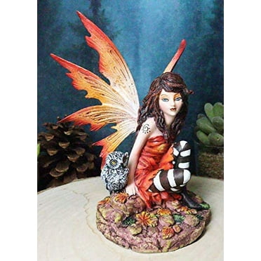 Ebros Fantasy Autumn Forest Tribal Fairy In Orange Gown With Owlet Owl Figurine