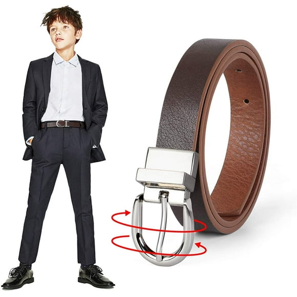 IGUOHAO Kids Leather Reversible Belt, Boys Casual Belt for Jeans School Uniform with Rotated Buckle Back to School Gift