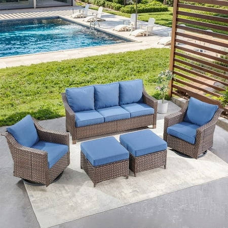 POCASSY 4 Pieces Patio Furniture Set with Patio Couch Swivel Chair and Ottoman Brown Wicker Furniture Ideas for the Patio Proch Deck in Blue