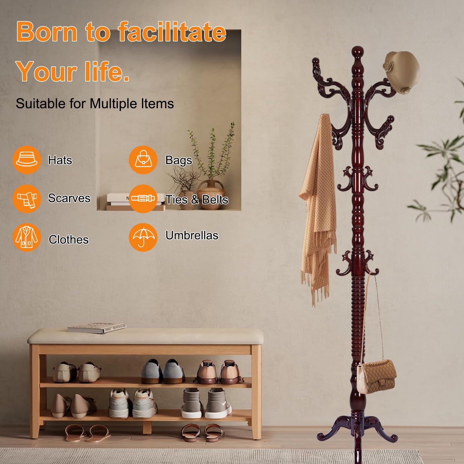 Freestanding Wooden Coat Rack, Natural Birch Wood Coat Tree with 14 Hooks, Sturdy Hall Tree for Entryway & Office