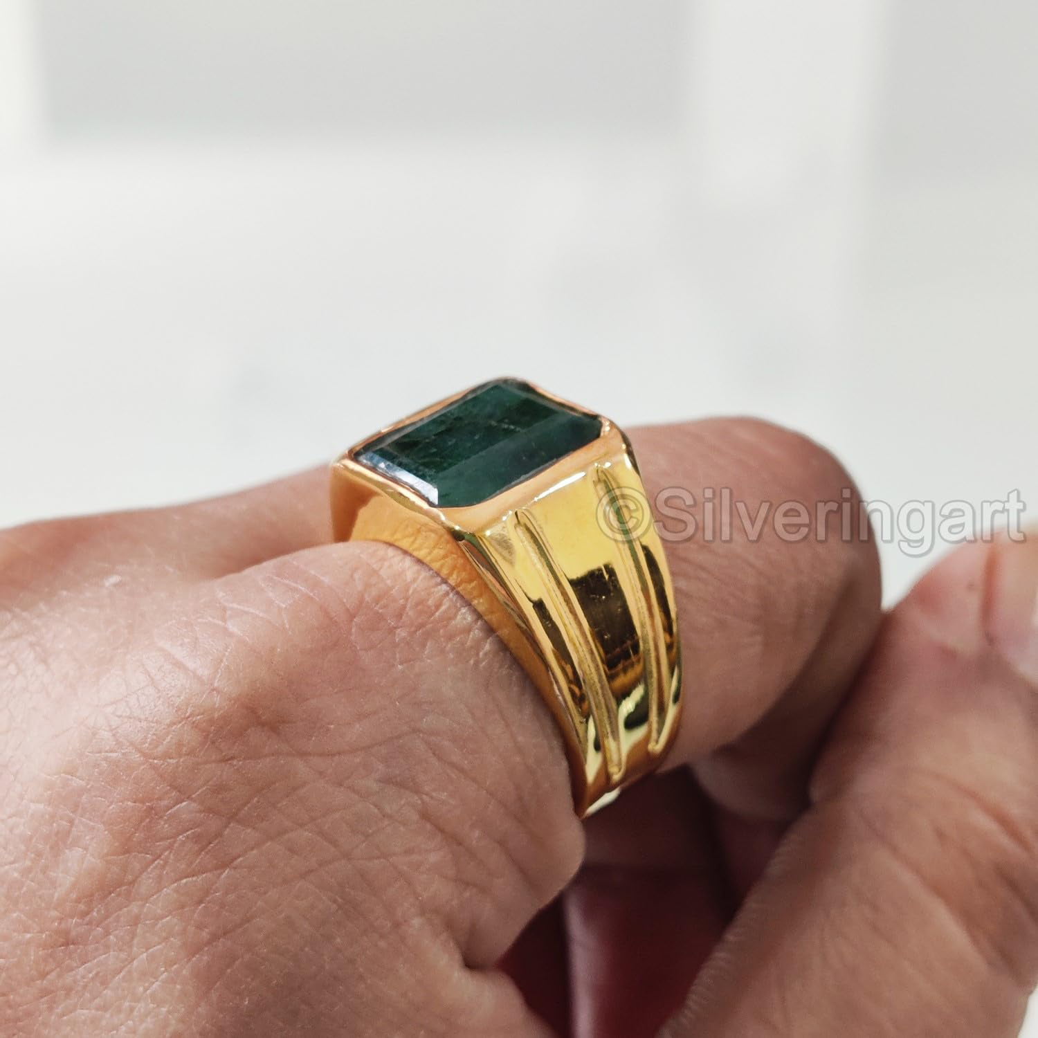 Panna Ring Emerald Ring 9.25 Ratti 8.41 Carat Panna Original Natural  Certified Oval Cut Unheated Untreated Columbia Emerald Gold Plated  Adjustable Gemstone Ring