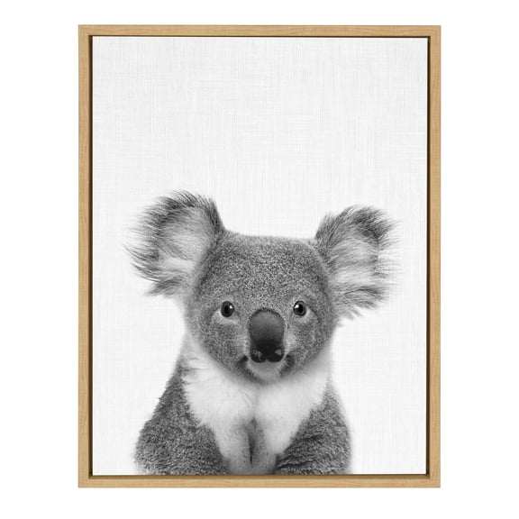 Kate and Laurel Sylvie Koala Bear Black and White Portrait Framed Canvas Wall Art by Simon Te Tai, 18x24 Natural