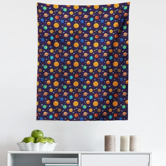 Space Tapestry, Cheerful Planets as Sun Mercury Venus Earth Jupiter Mars with Alien Spaceships, Fabric Wall Hanging Decor for Bedroom Living Room Dorm, 5 Sizes, Multicolor, by Ambesonne