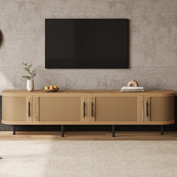 Noble House Modern TV Stand for TVs up to 80" with Storage, Rattan Doors, Natural Wood