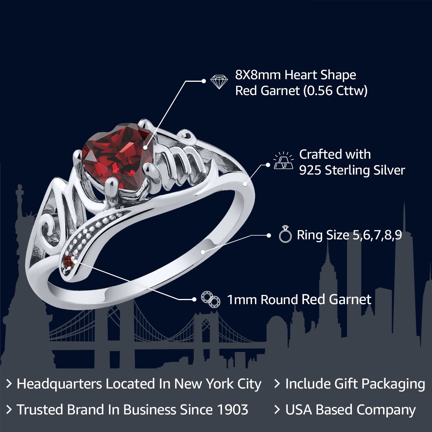 Gem Stone King 925 Sterling Silver Red Garnet Mothers Day MOM Ring for Women (0.56 Cttw, Heart Shape, Gemstone Birthstone, Available in Size 5, 6, 7, 8, 9)