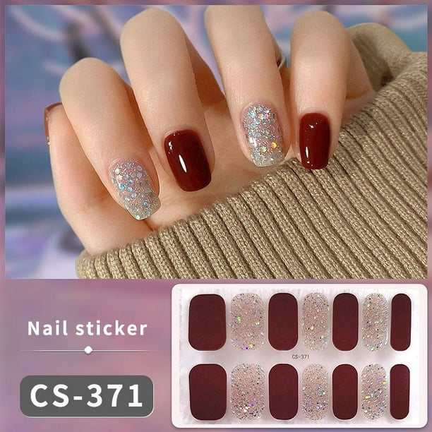 Pegatinas de uñas sin hornear con diseño de purpurina rosa, adhesivo de Color sólido de estilo francés, cubierta completa, deslizador de tira de uñas, calcomanías de manicura DIY