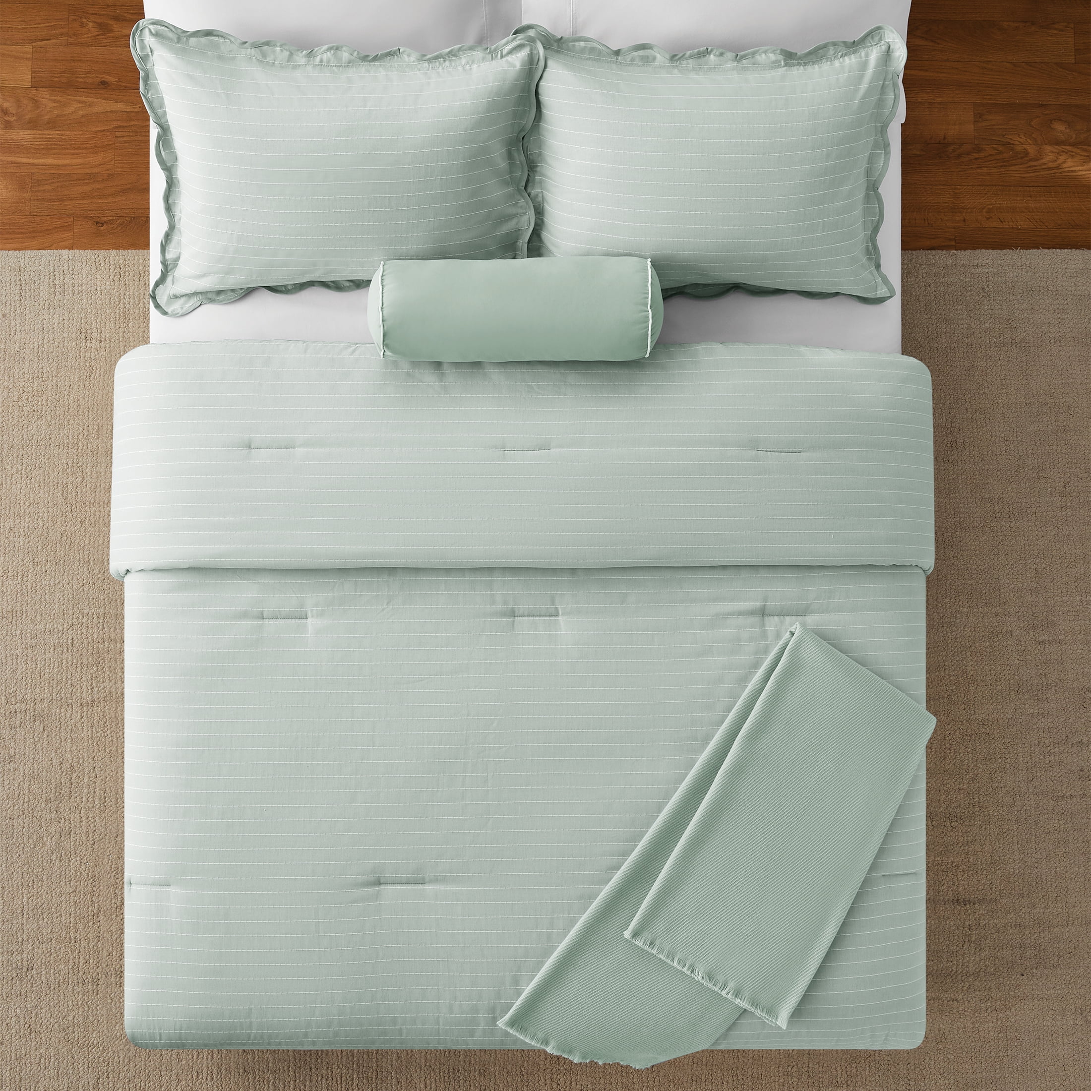 Mainstays King Comforter Set, All-Season, 5-Piece, Sage Pick Stitch Scallop