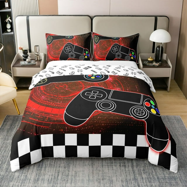 Erosebridal Housse de Couette en Coton 100 % Rouge Manette de Jeu Format Grand, Housse de Couette en Coton 100 % à Motif Géométrique à Carreaux Grand, Ados, Réversible 3 Pcs (Sans Couette)