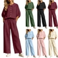 thumbnail image 2 of Women's Dressy Linen 2 Piece Outfits Cute Collared Button Down Shirt Wide Leg Pants Summer Business Casual Sets, 2 of 7