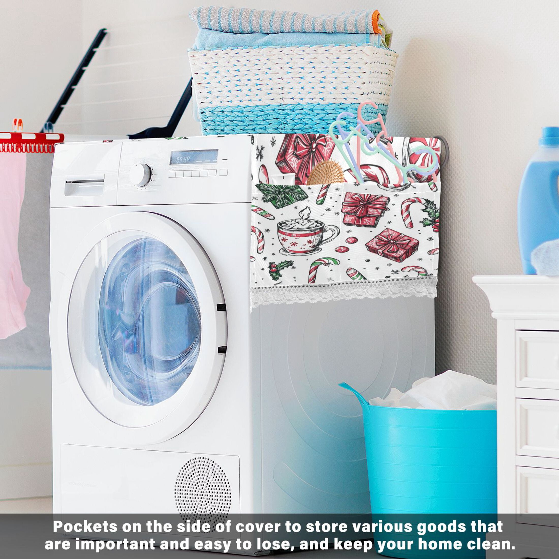 Christmas Pattern with Candy CanesWasher and Dryer Covers Dust-Proof and Oil Resistant Fridge Cover with 4 Storage Pockets Washing Machine Top Cover for Laundry Kitchen Home 51.2 x 22 In