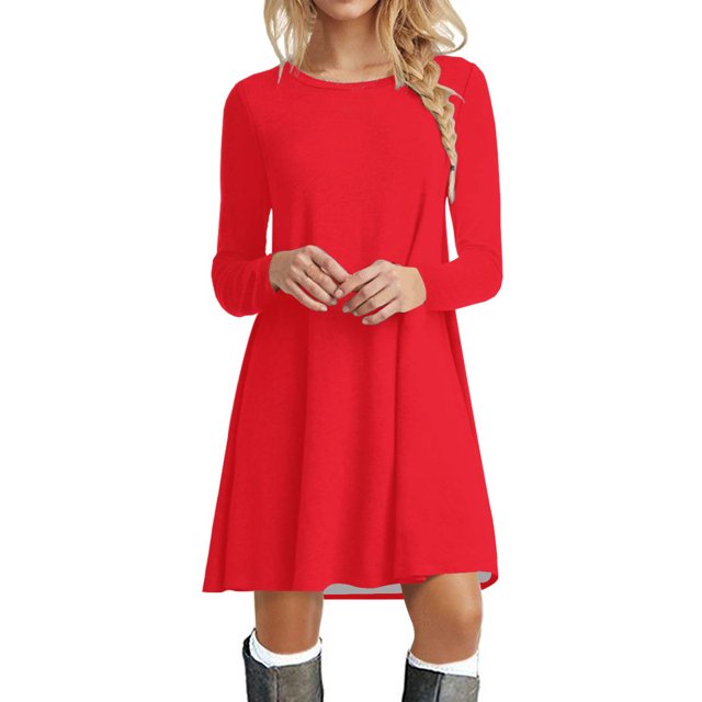 Gibobby Vestido corta de fiesta casual Vestido de camiseta de manga larga para mujer Vestido casual de swing sólido(Rojo,XL)