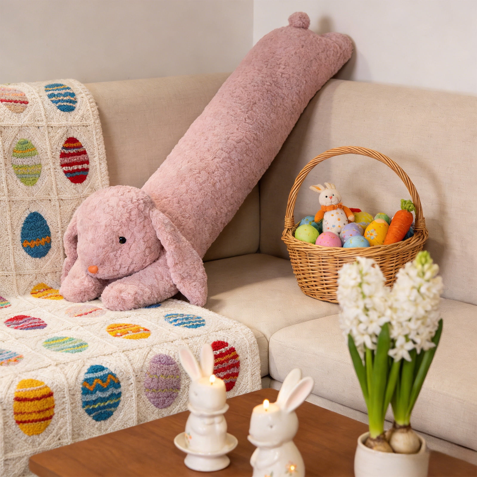 Easter Bunny Body Pillow - Extra Long Comfortable Cushion for Side Sleepers, Soft Velvet Support for Back and Waist, Festive Home Decor Accent