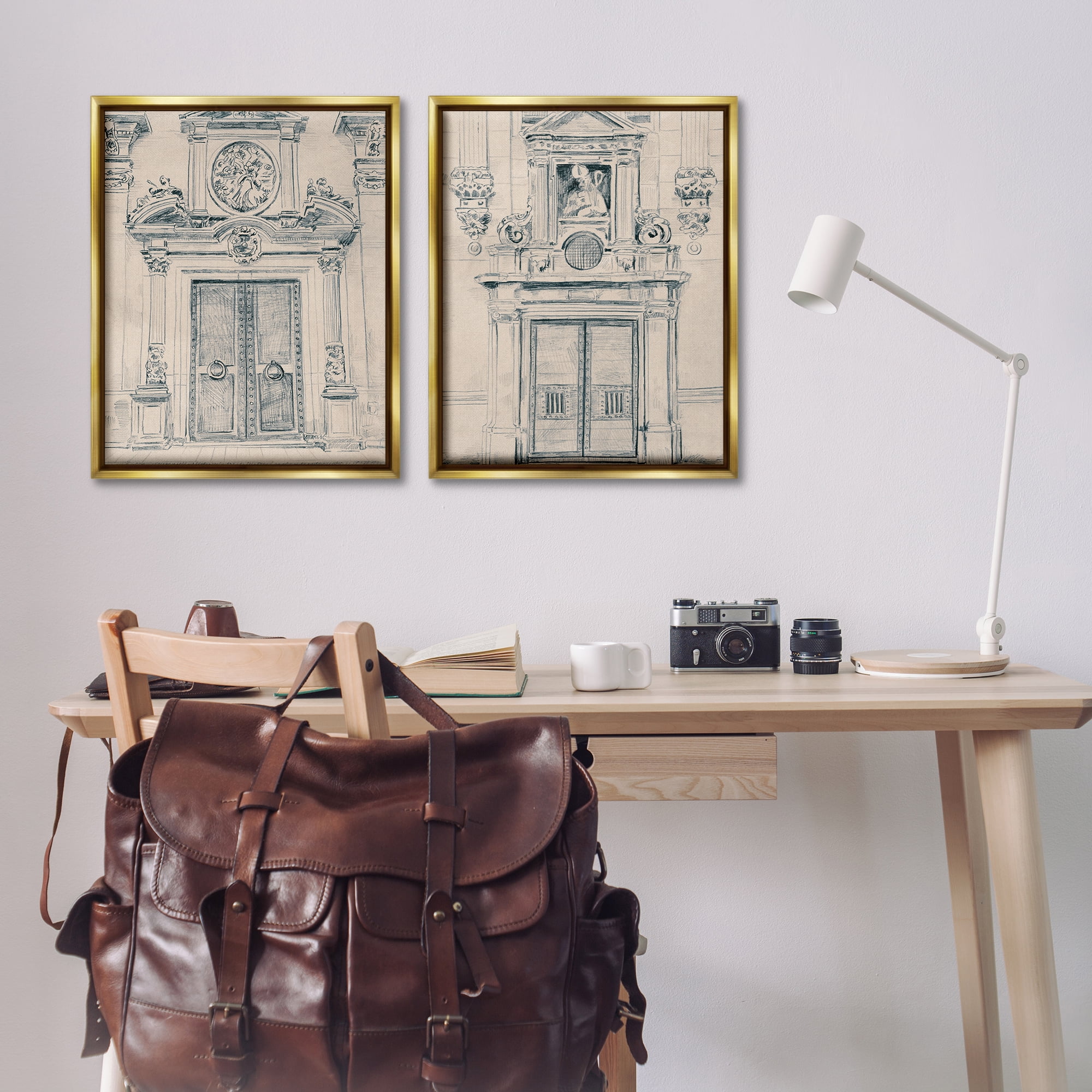 Stupell Industries Pencil Sketch Ornate Door Buildings & Architecture Drawing Gold Floater Framed Canvas Art Print Wall Art, 31 x 25, Set of 2