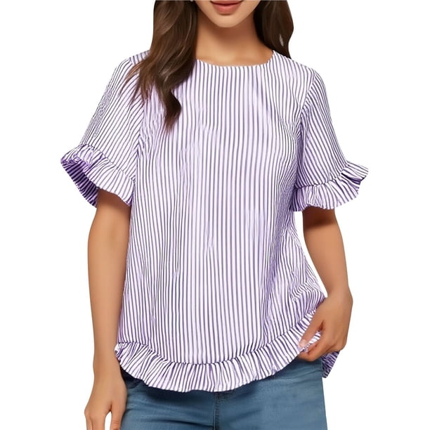 Camisa Informal Holgada A Rayas de Media con Cuello Redondo y Volantes para Mujer Rayas Moradas L