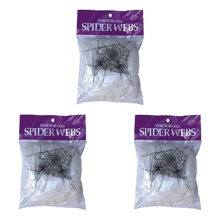 3 Packages SeasonsTrading White Stretchable Spider Web with Spiders - Halloween Cobweb Decoration Prop