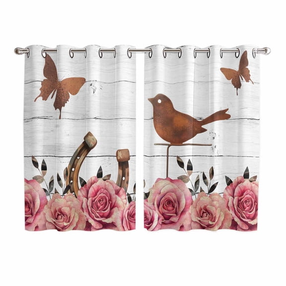 Pink Roses Birds Kitchen Curtains Window Panels, Spring Floral Butterflies Gray Wooden Insulated Window Treatment Curtain, Grommet Curtains for Bedroom/Living Room/Bathroom, 2 Piece 52"Wx63"L